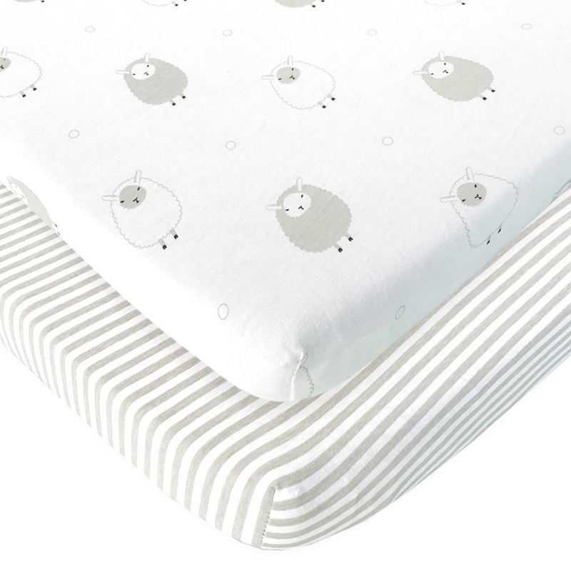 Joey + Joan Bassinet Fitted Sheets 19" x 32" for Cowiewie Bedside Sleeper Bassinet Mattress Pad - Snuggly Soft 100% Jersey Cotton - Grey Stripes, Sheep - 2 Pack - Image 1